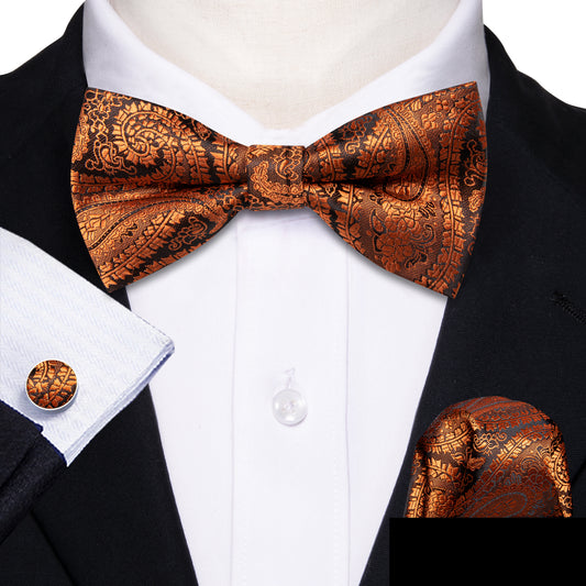 Brown Rust Orange Paisley Mens Bow Tie Hanky Cufflinks Set