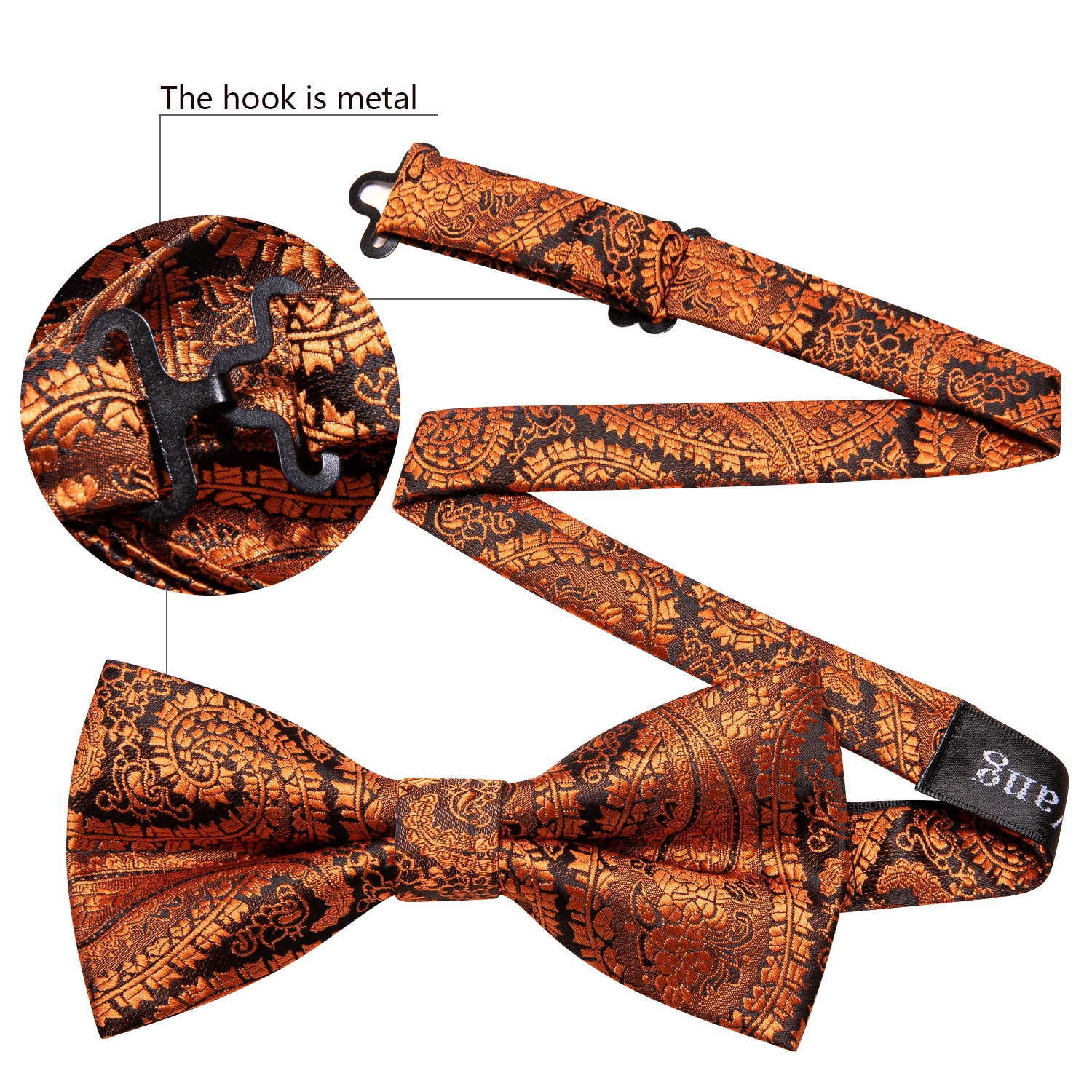 Brown Rust Orange Paisley Mens Bow Tie Hanky Cufflinks Set