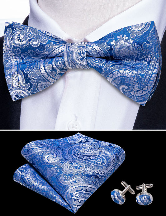  Blue Silver Paisley Pre-tied Bow Tie Hanky Cufflinks Set