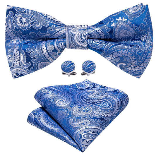  Blue Silver Paisley Pre-tied Bow Tie Hanky Cufflinks Set