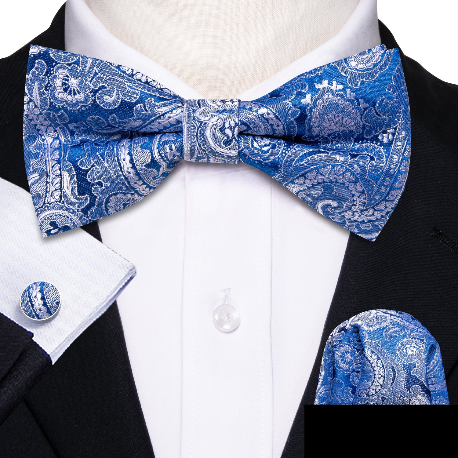  Blue Silver Paisley Pre-tied Bow Tie Hanky Cufflinks Set