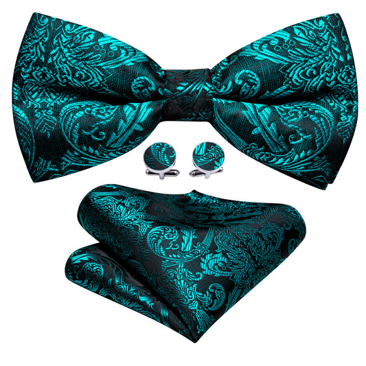  Teal Neck Ties Paisley Pre-tied Bow Tie Hanky Cufflinks Set