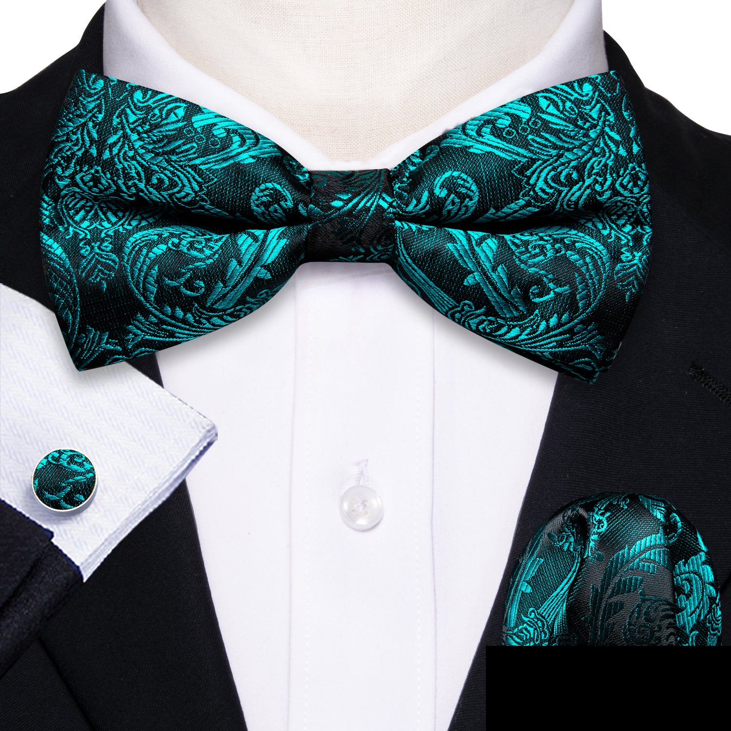  Teal Neck Ties Paisley Pre-tied Bow Tie Hanky Cufflinks Set