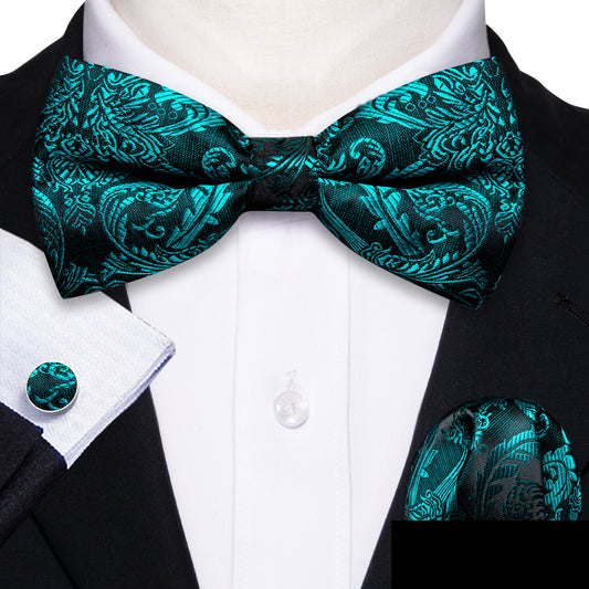  Teal Neck Ties Paisley Pre-tied Bow Tie Hanky Cufflinks Set