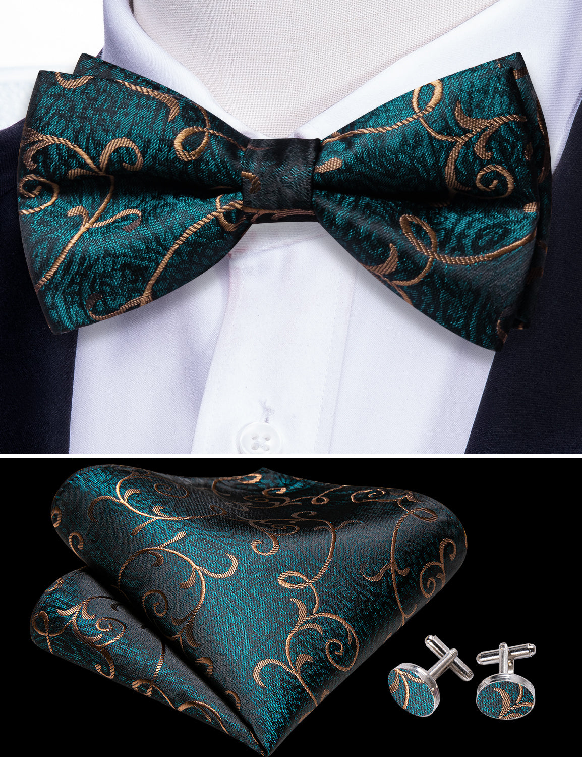 Barry.wang Blue Tie Gold Jacquard Floral Pre-tied Bow Tie Formal