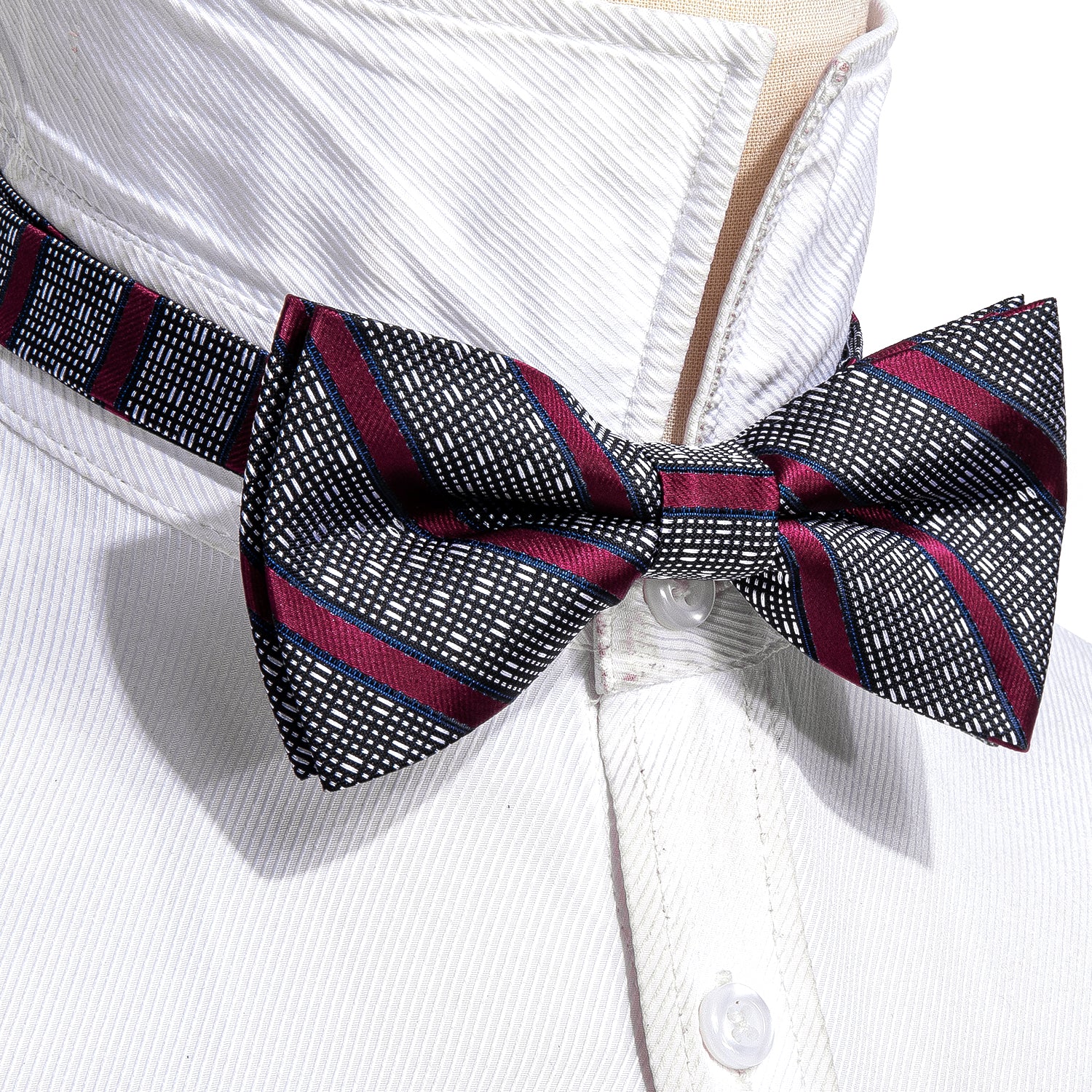 Black Burgundy Striped Silk Pre-tied Bow Tie Hanky Cufflinks Set