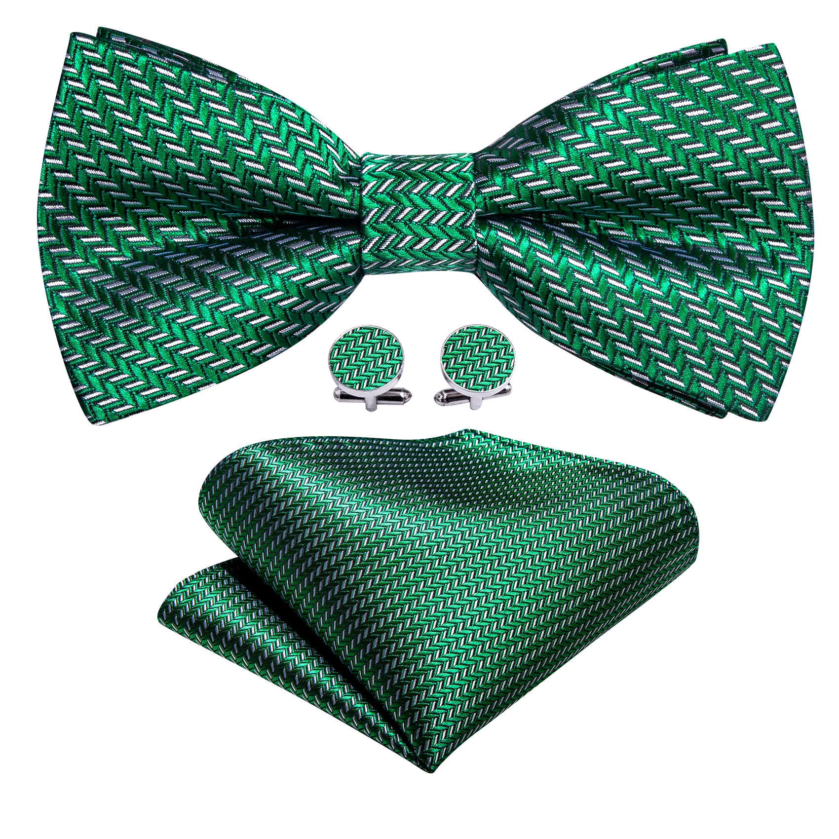 Green White Striped Silk Pre-tied Bow Tie Hanky Cufflinks Set