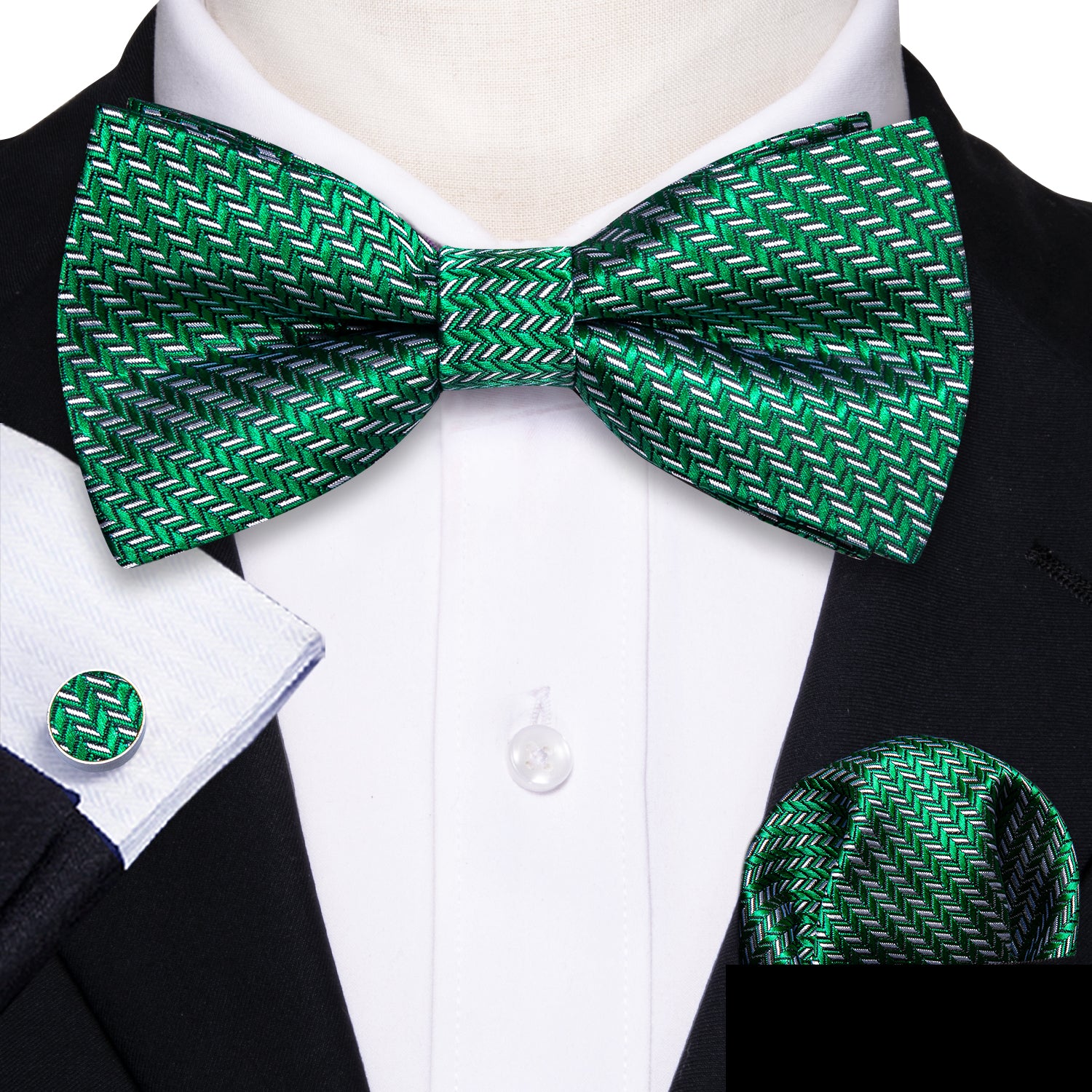 New Green White Striped Silk Pre-tied Bow Tie Hanky Cufflinks Set