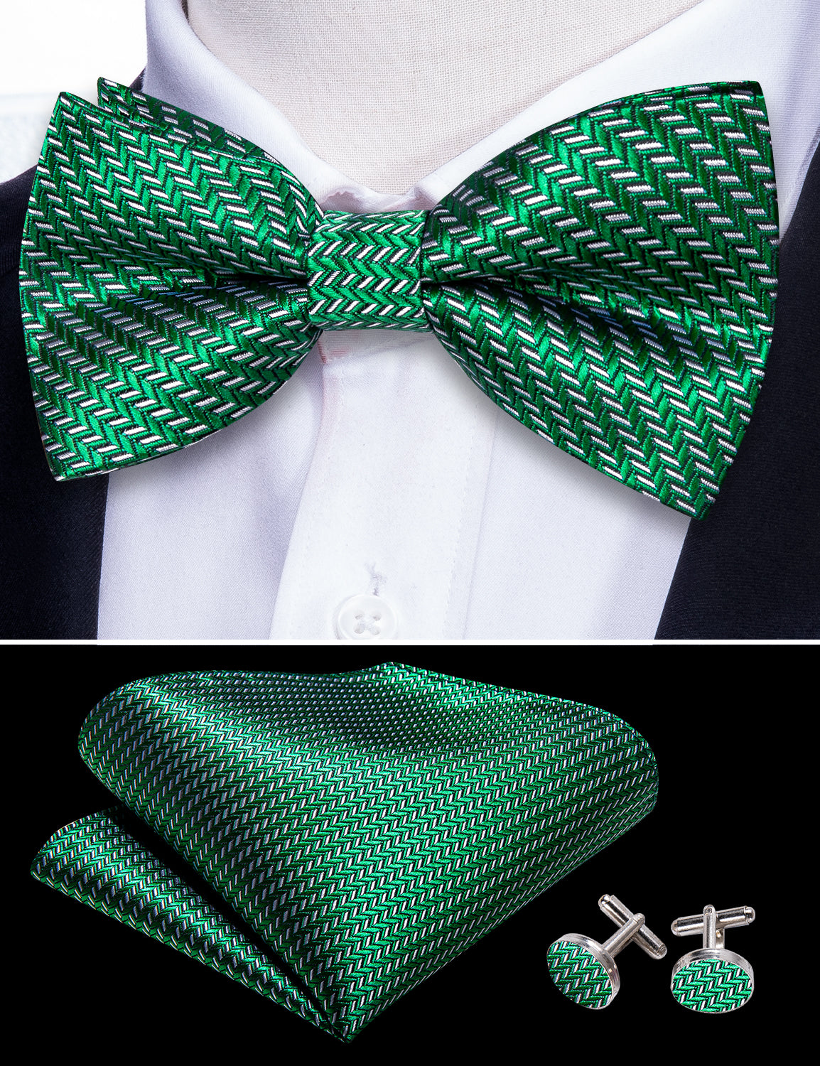 Green White Striped Silk Pre-tied Bow Tie Hanky Cufflinks Set