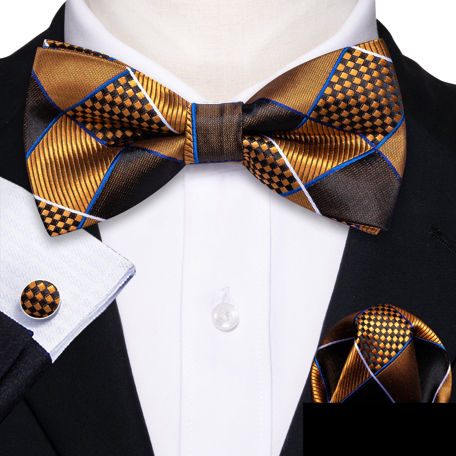 Barry.wang Gold Tie Black Plaid Silk Men's Pre-tied Bow Tie Hanky Cufflinks Set