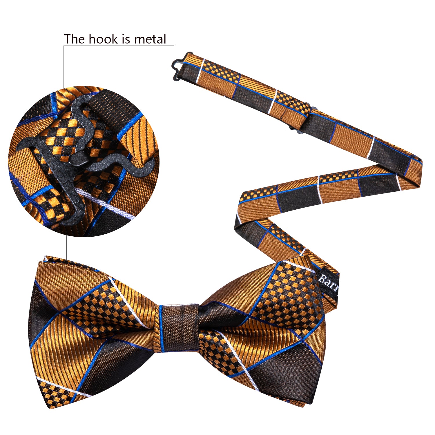 Barry.wang Gold Tie Black Plaid Silk Men's Pre-tied Bow Tie Hanky Cufflinks Set