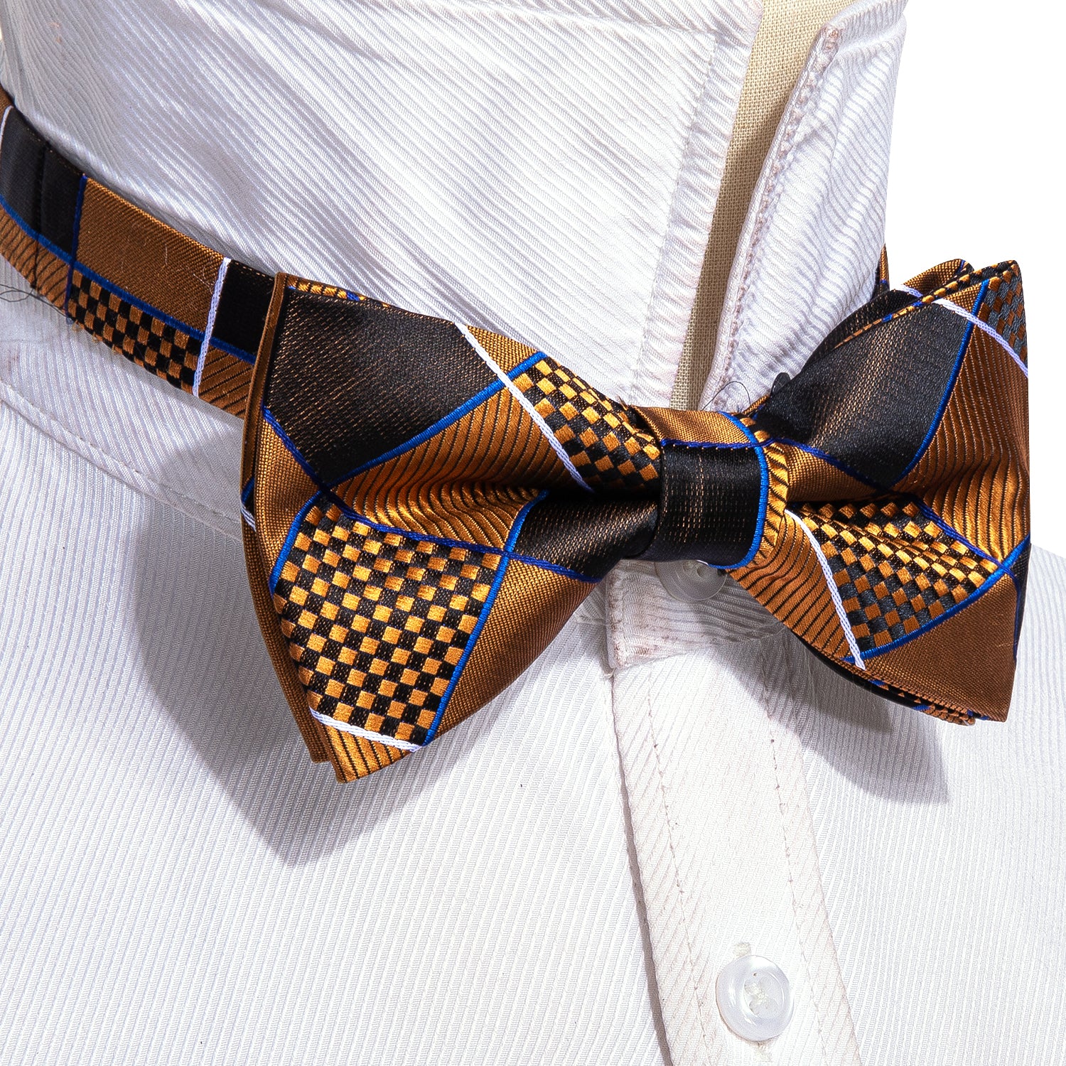 Gold Black Striped Silk Pre-tied Bow Tie Hanky Cufflinks Set