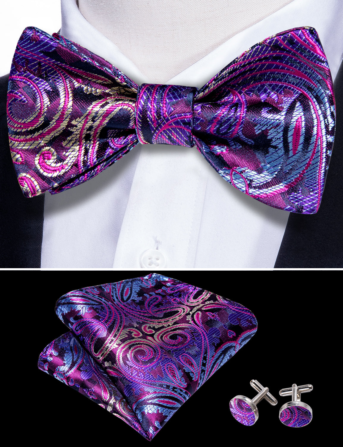 Purple Floral Self Tie Bow Tie Hanky Cufflinks Set