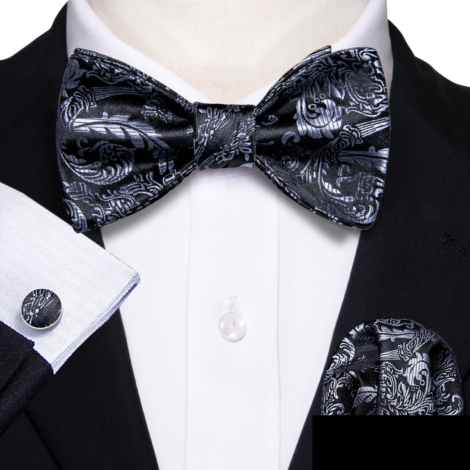 Black Sliver Floral Self Tie Bow Tie Hanky Cufflinks Set