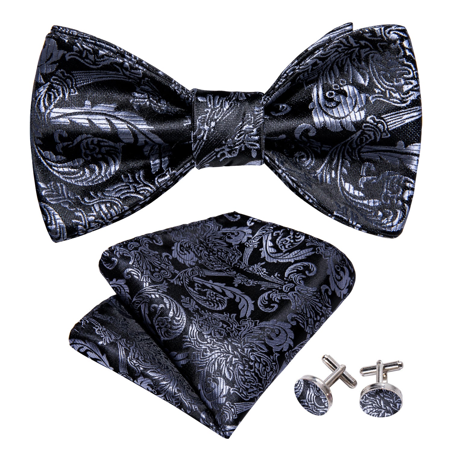 Black Sliver Floral Self Tie Bow Tie Hanky Cufflinks Set
