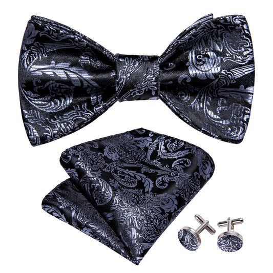 Barry. Wang Silver Bowtie for Wedding Men's Floral Jacquard Self-tied Tuxedos Bowtie Hanky Cufflinks Set