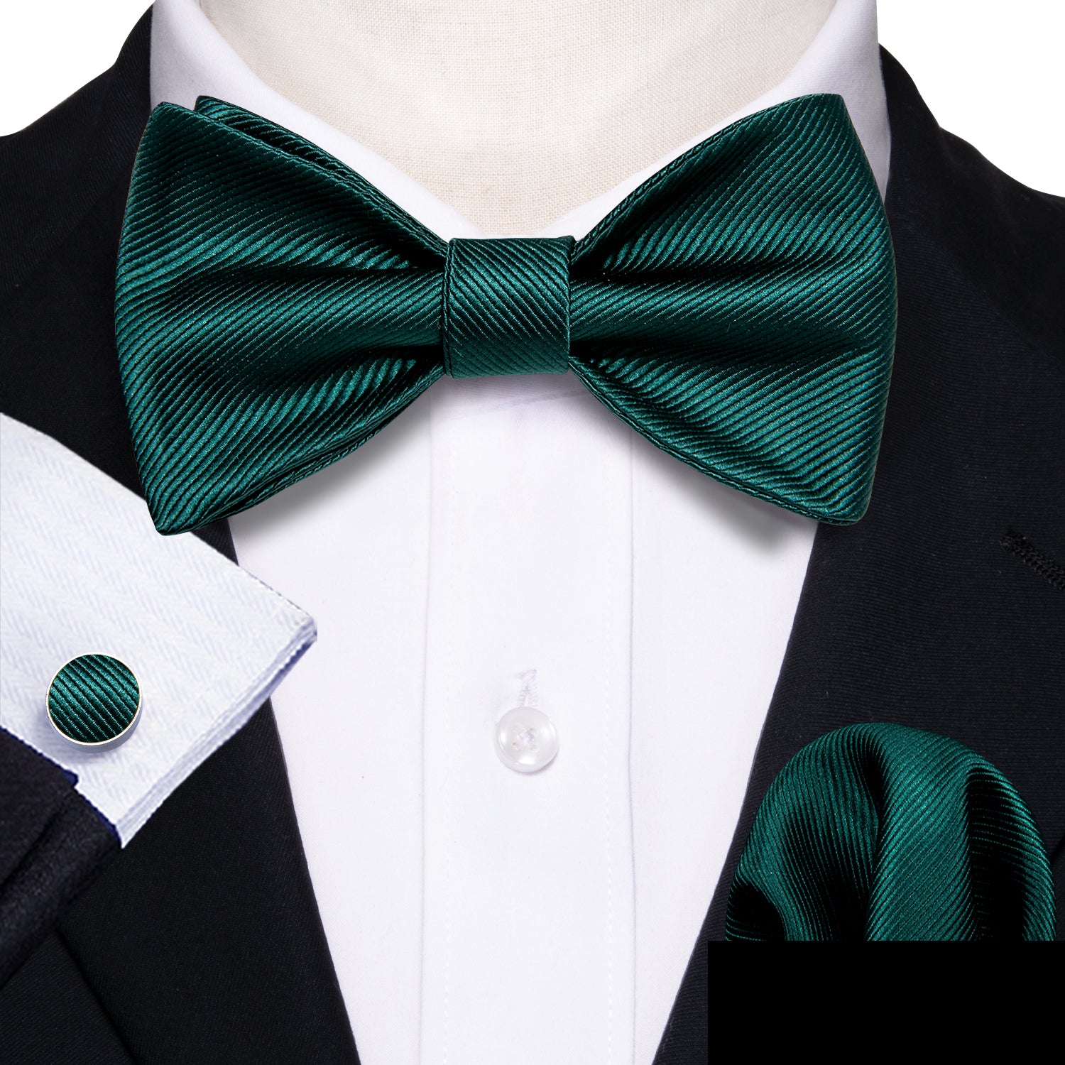 Green Self Tie Bow Tie Hanky Cufflinks Set