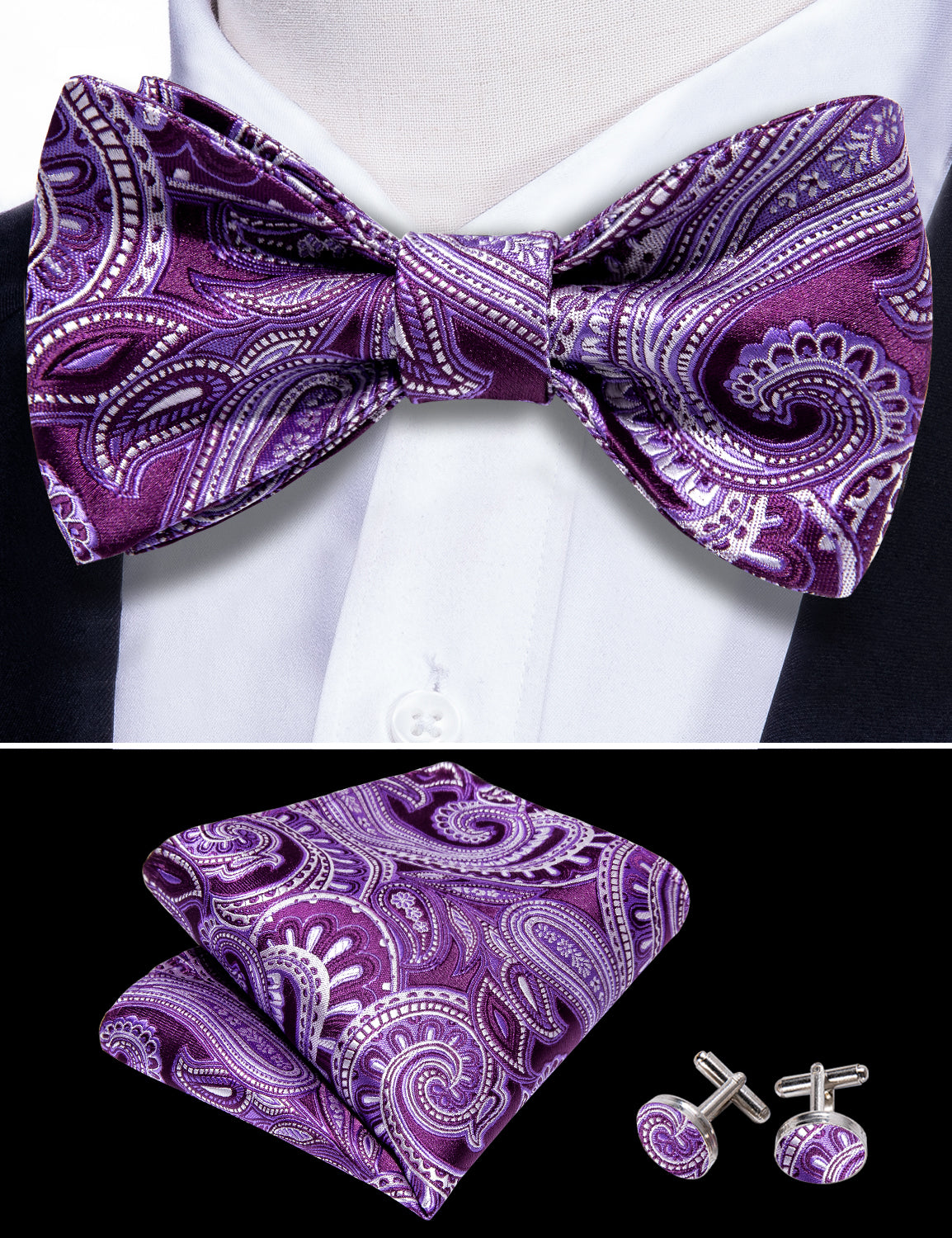 Purple Paisley Self Tie Bow Tie Hanky Cufflinks Set