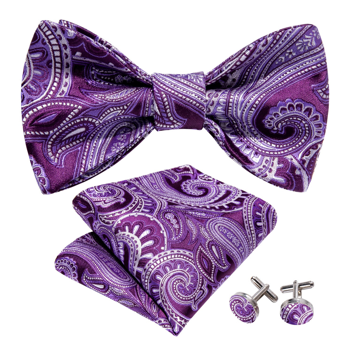 Purple Paisley Self Tie Bow Tie Hanky Cufflinks Set