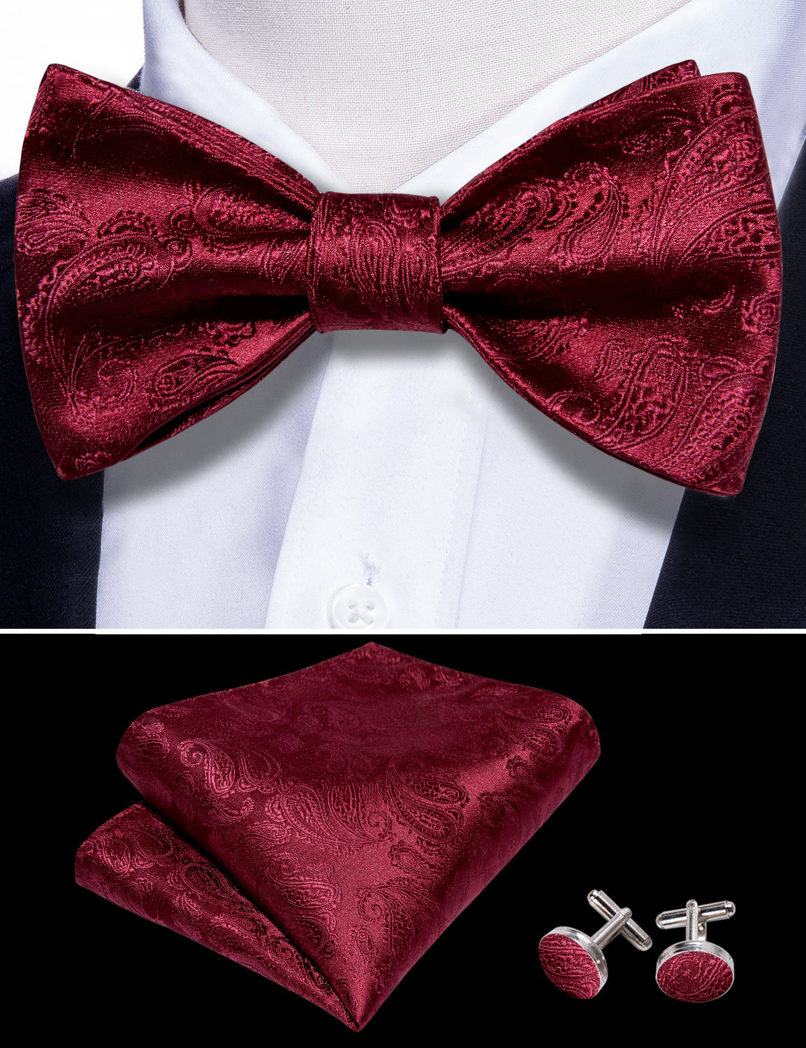 Barry.wang Red Tie Paisley Silk Self-Tie Bow Tie Hanky Cufflinks Set for Men Wedding