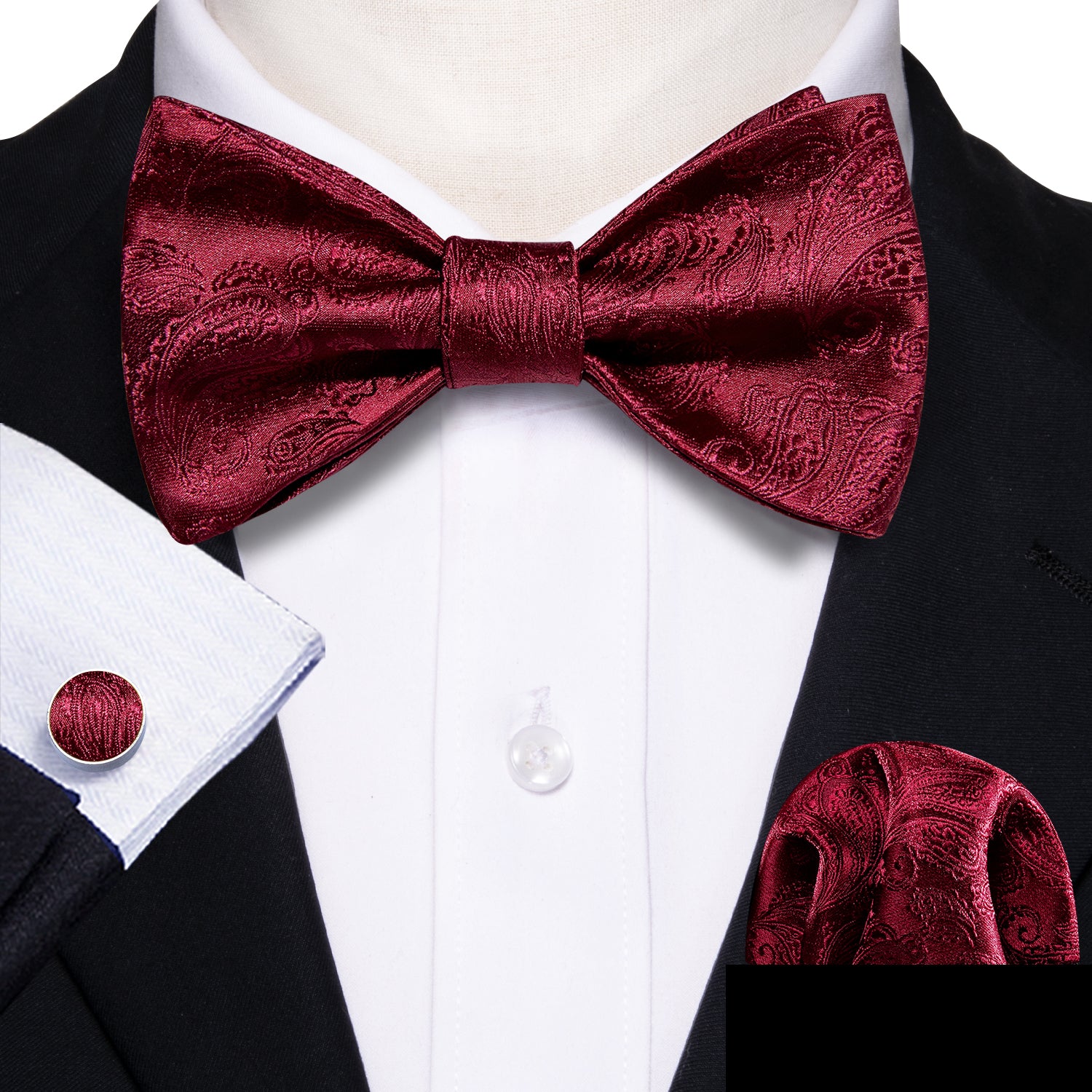 Dark Red Paisley Silk Self Tie Bow Tie Hanky Cufflinks Set