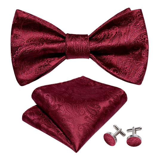 Barry. Wang Cranberry Red Bowtie Hanky Cufflinks Set for Wedding Paisley Adjustable Self-tied Bow Tie