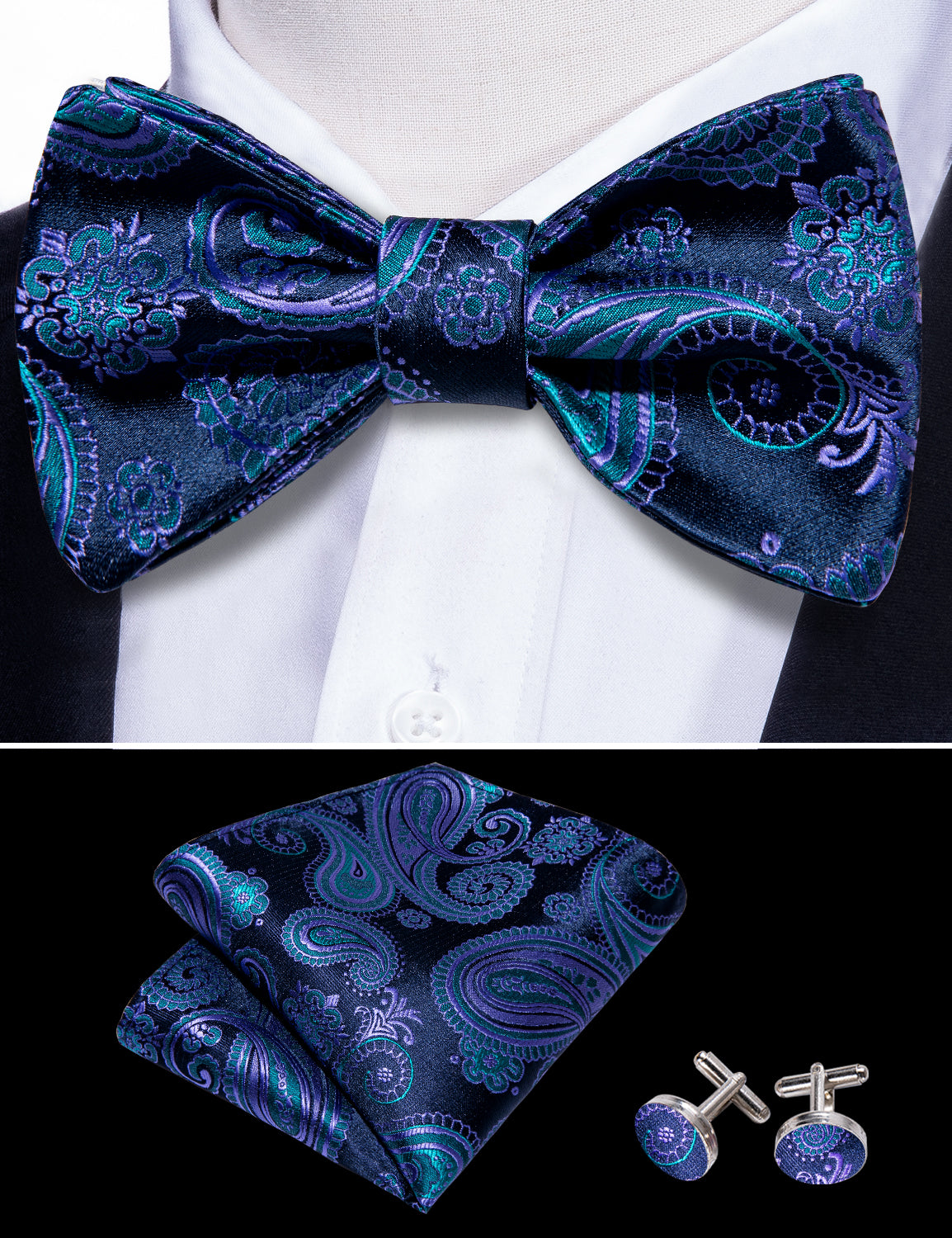 Blue Paisley Self Tie Bow Tie Hanky Cufflinks Set