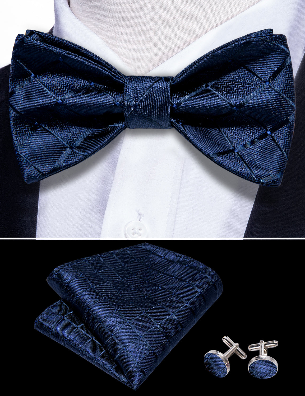 Blue Plaid Self Tie Bow Tie Hanky Cufflinks Set Bowtie Pin Set