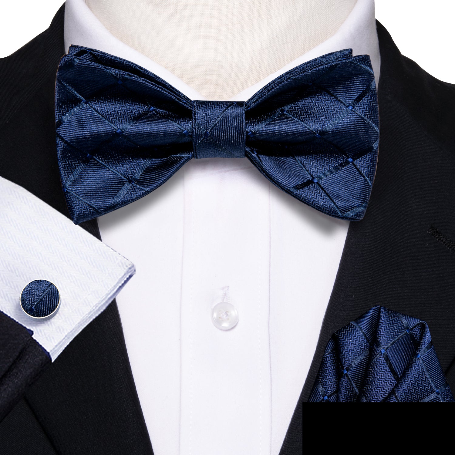 Blue Plaid Self Tie Bow Tie Hanky Cufflinks Set Bowtie Pin Set
