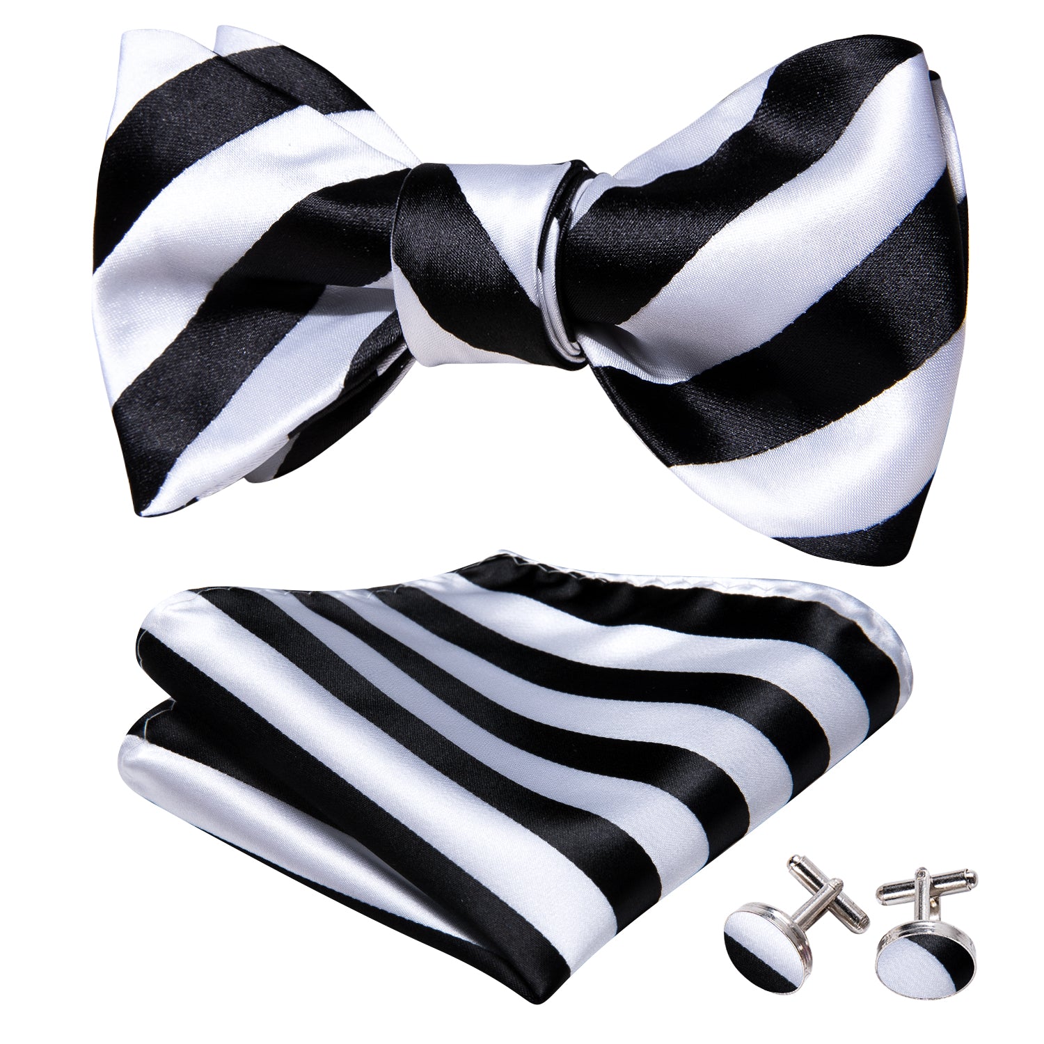 Black White Stripe Self Tie Bow Tie Hanky Cufflinks Set