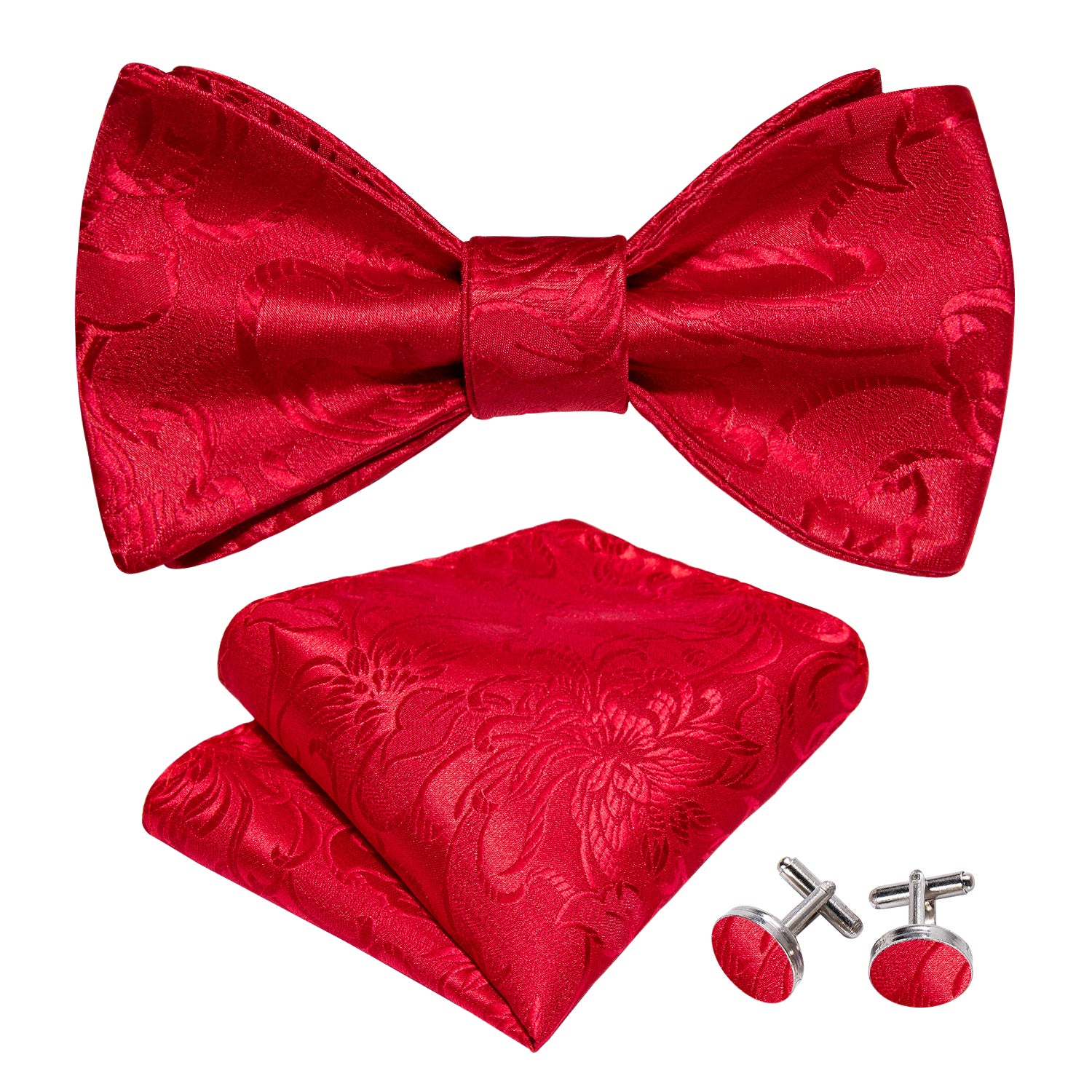 Red Floral Self Tie Bow Tie Hanky Cufflinks Set