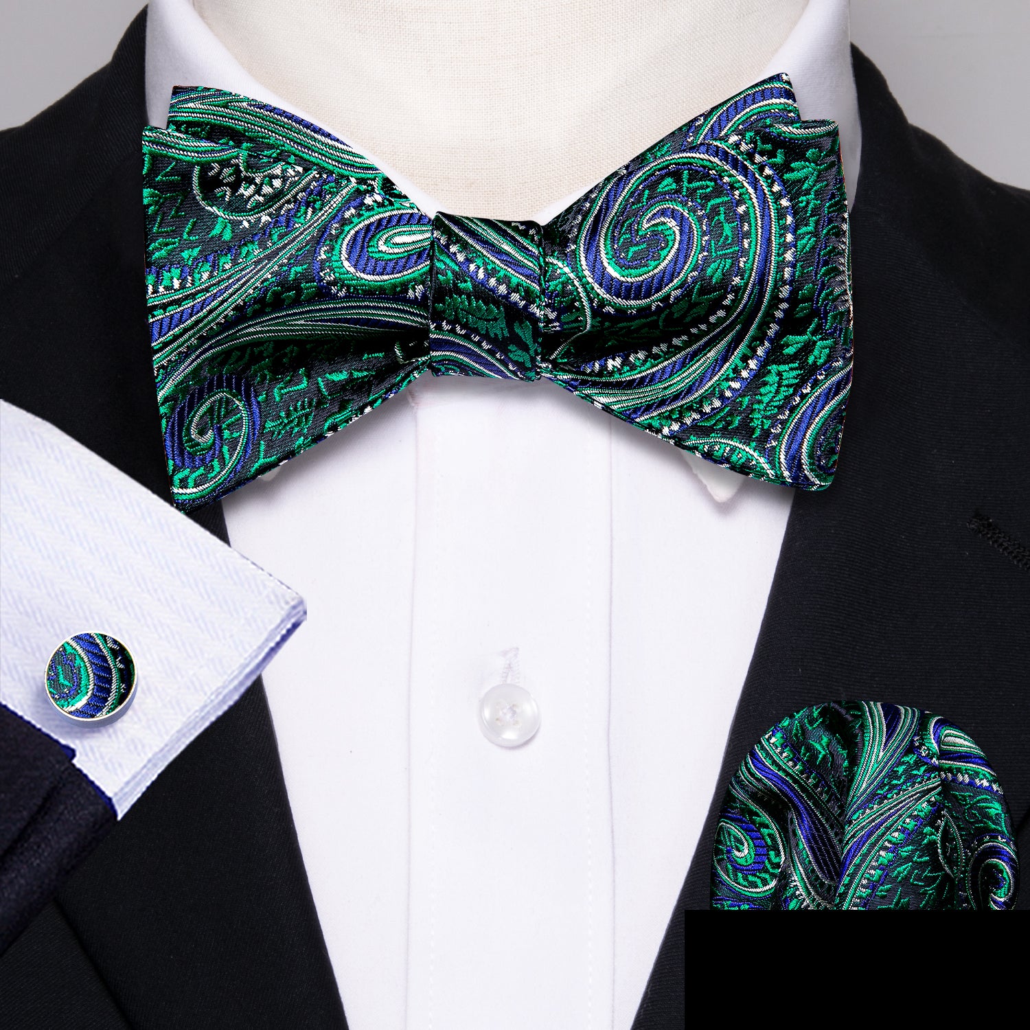 Green Paisley Silk Self Tie Bow Tie Hanky Cufflinks Set