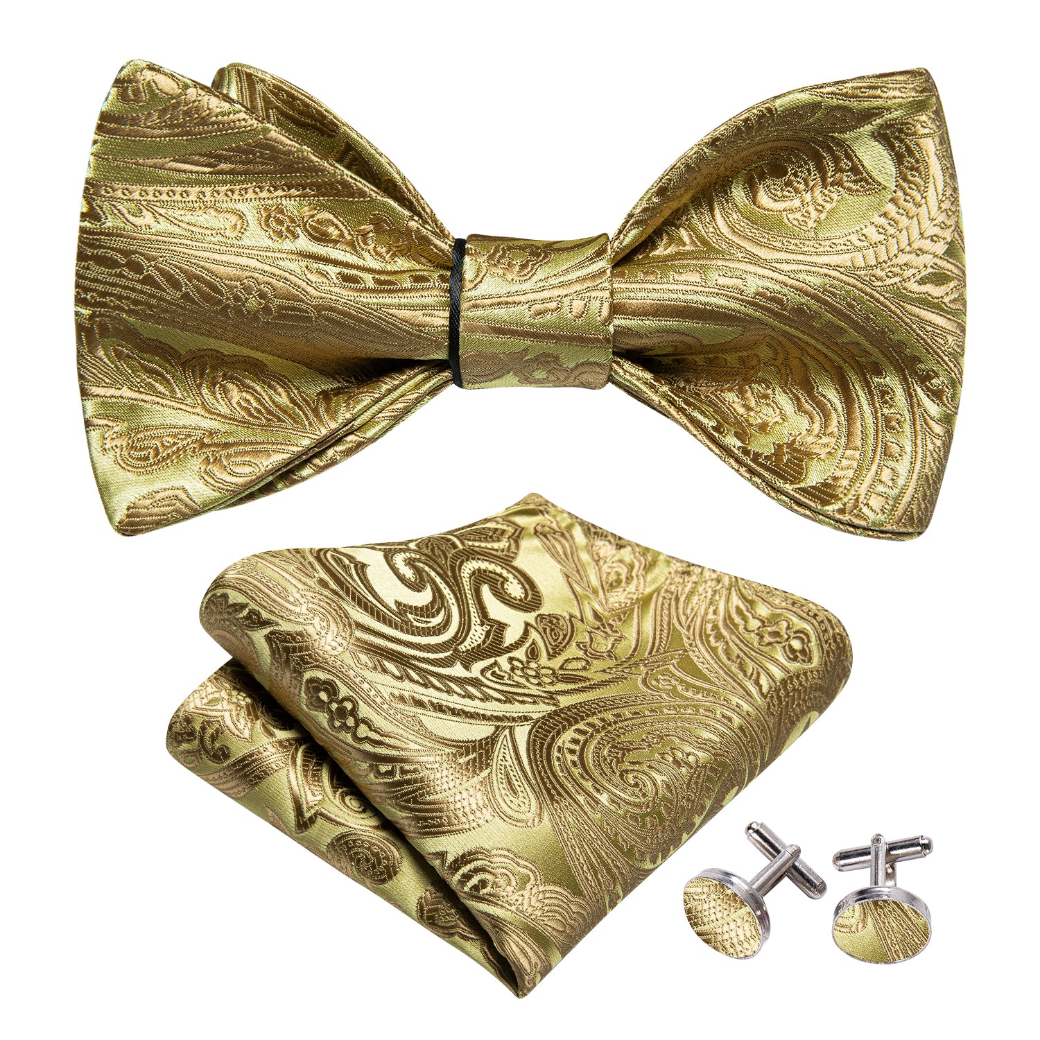 Gold Paisley Self Tie Bow Tie Hanky Cufflinks Set