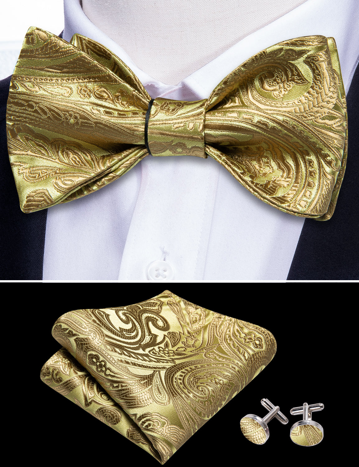 Gold Paisley Self Tie Bow Tie Hanky Cufflinks Set