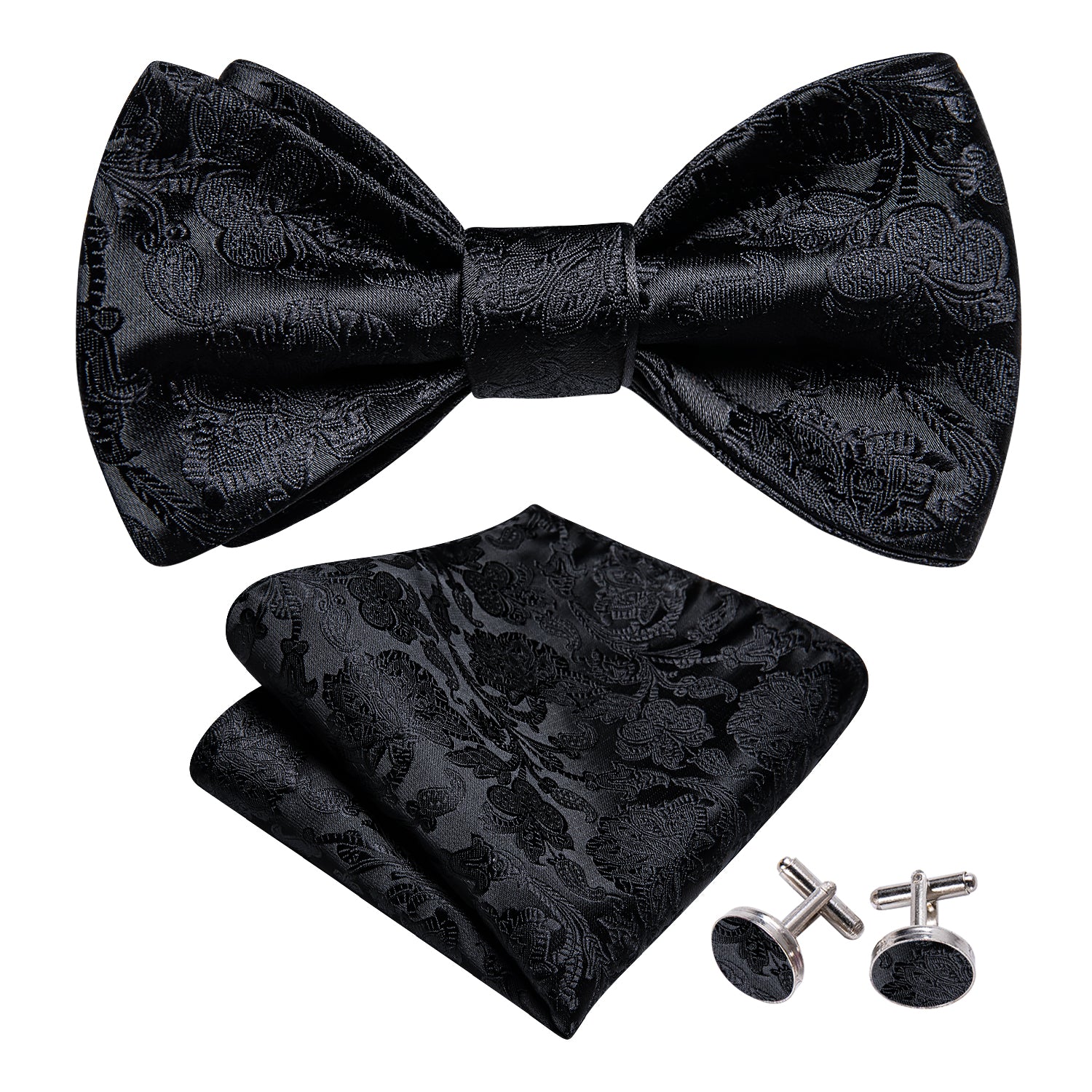 Black Floral Self Tie Bow Tie Hanky Cufflinks Set