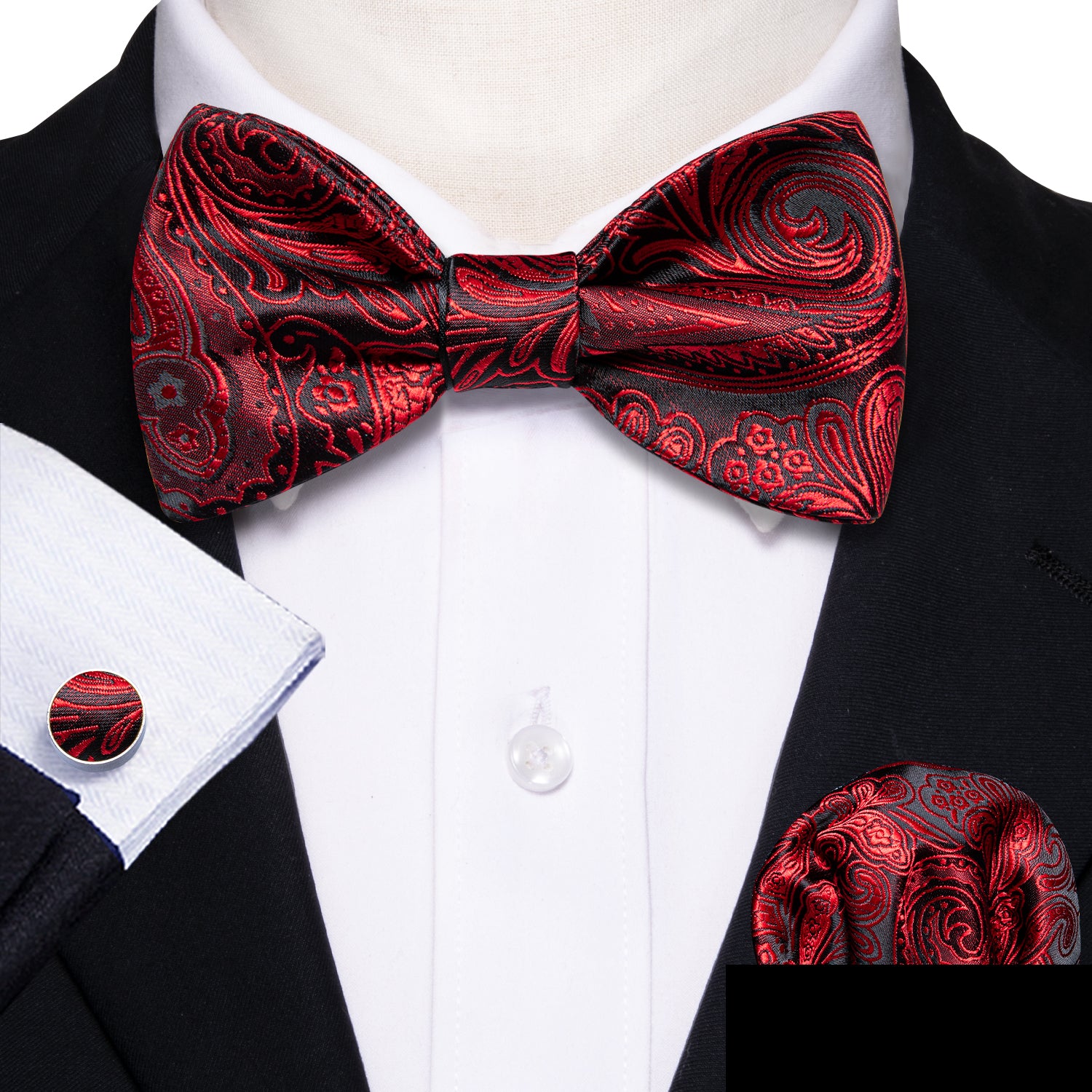 Black Red Paisley Self Tie Bow Tie Hanky Cufflinks Set