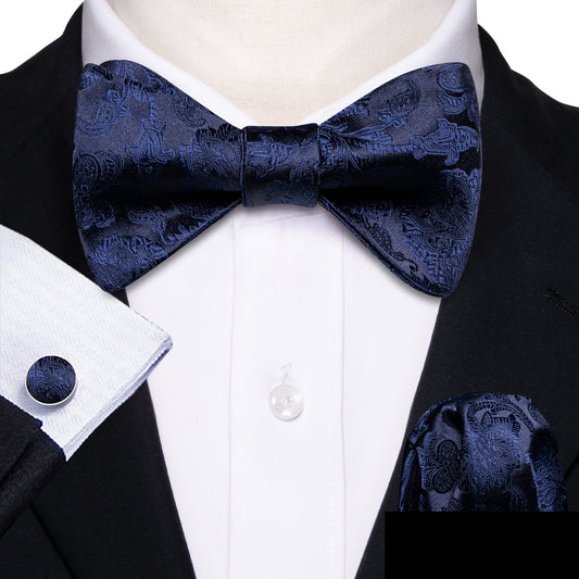 Deep Blue Paisley Silk Self Tie Bow Tie Hanky Cufflinks Set