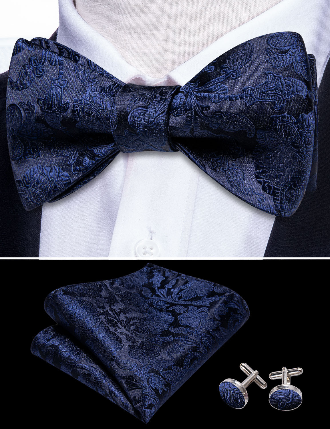 Deep Blue Paisley Silk Self Tie Bow Tie