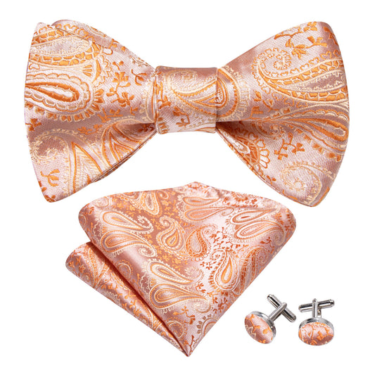 Barry. Wang Peach Puff Bow Tie Pocket Square Cufflinks Set Silk Self-tied Jacquard Wedding Bow Tie