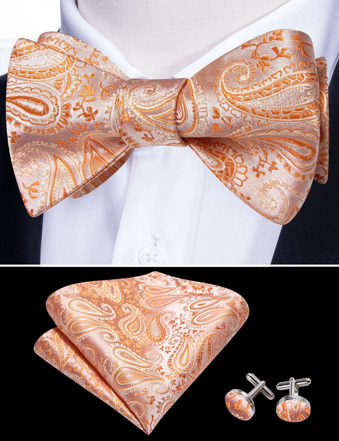 Orange Paisley Self Tie Bow Tie Hanky Cufflinks Set