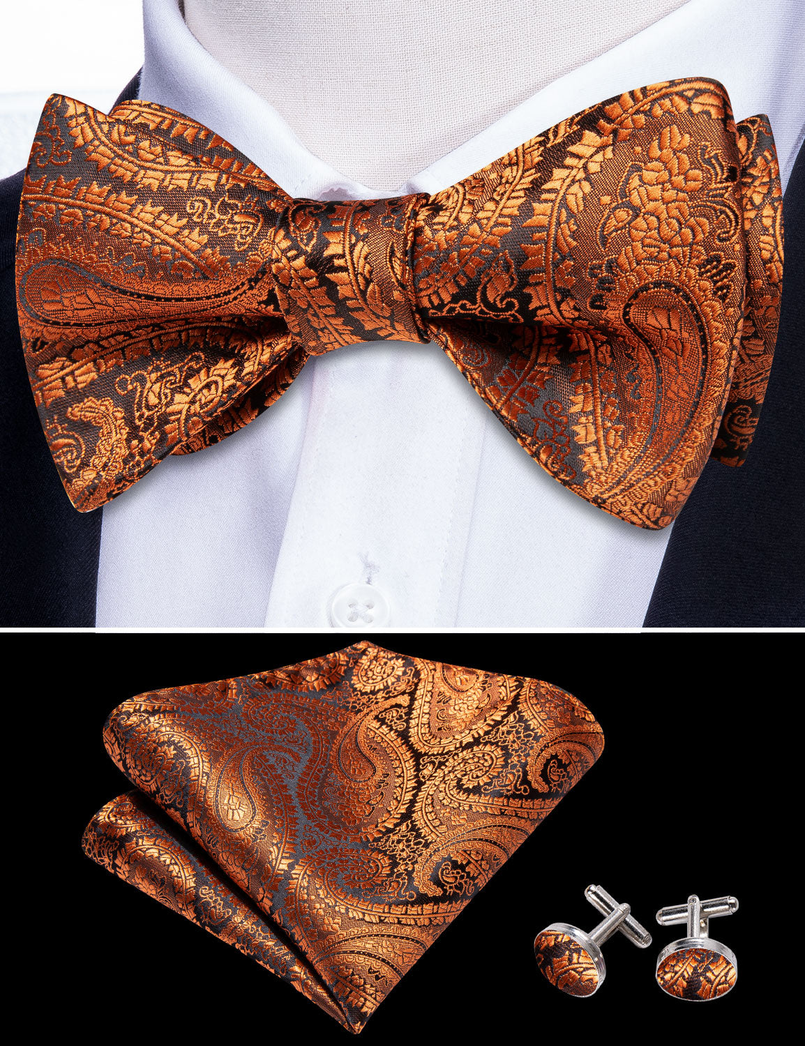 Brown Paisley Self Tie Bow Tie Hanky Cufflinks Set