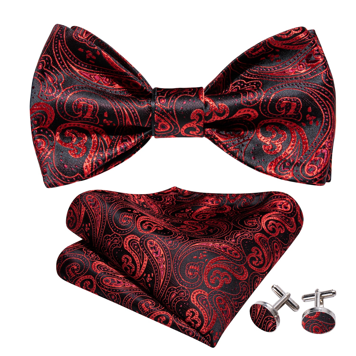 Red Black Paisley Self Tie Bow Tie Hanky Cufflinks Set