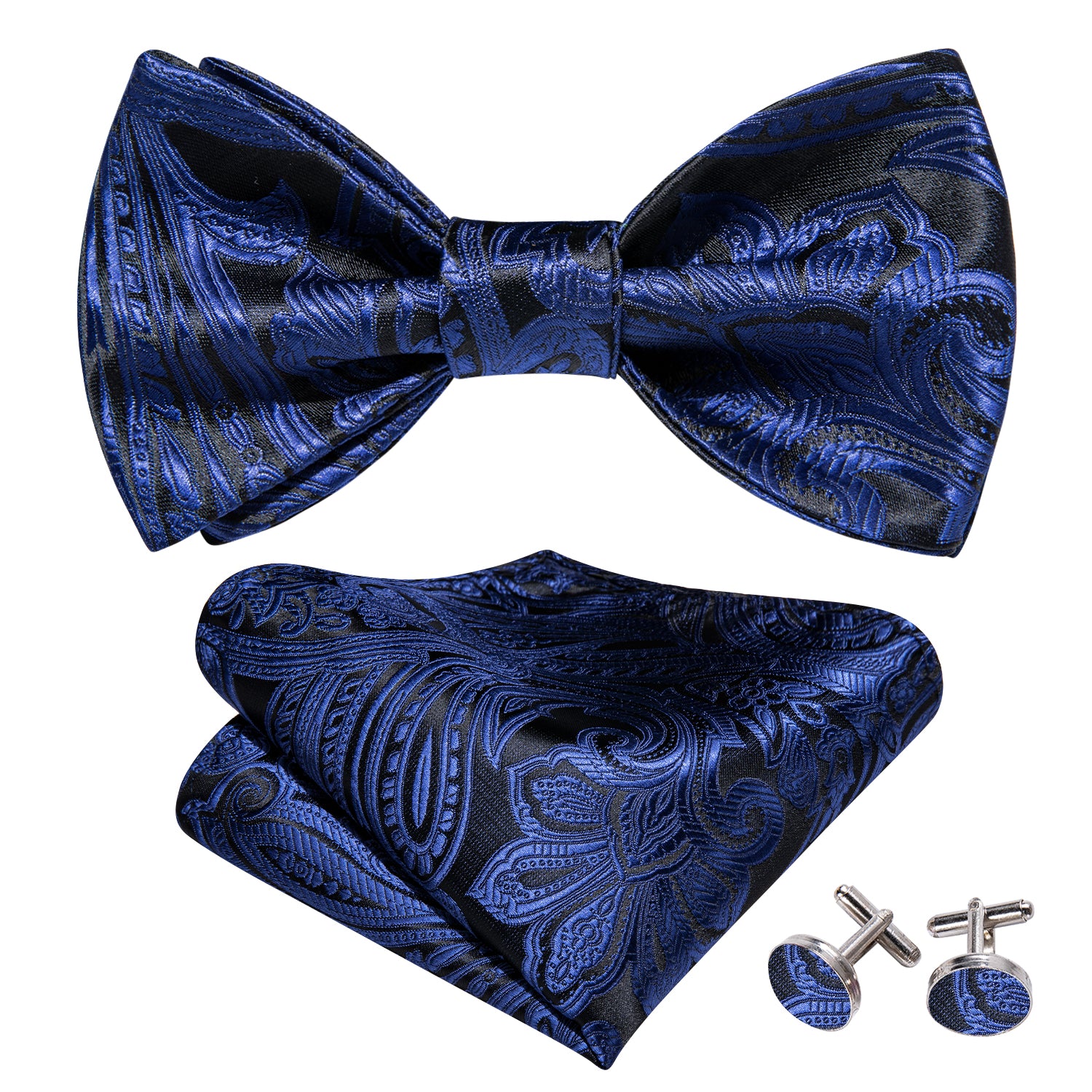 Blue Black Paisley Self Tie Bow Tie Hanky Cufflinks Set