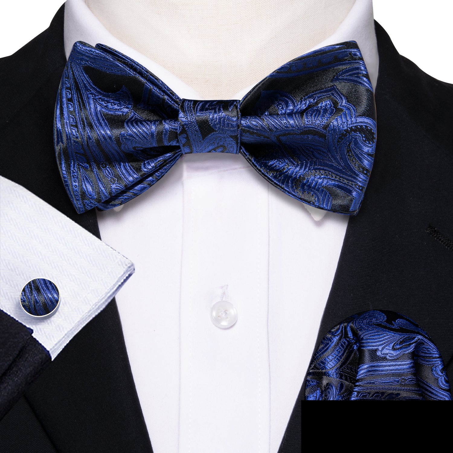 Barry.Wang Blue Tie Black Paisley Self Tie Bow Tie Hanky Cufflinks Set