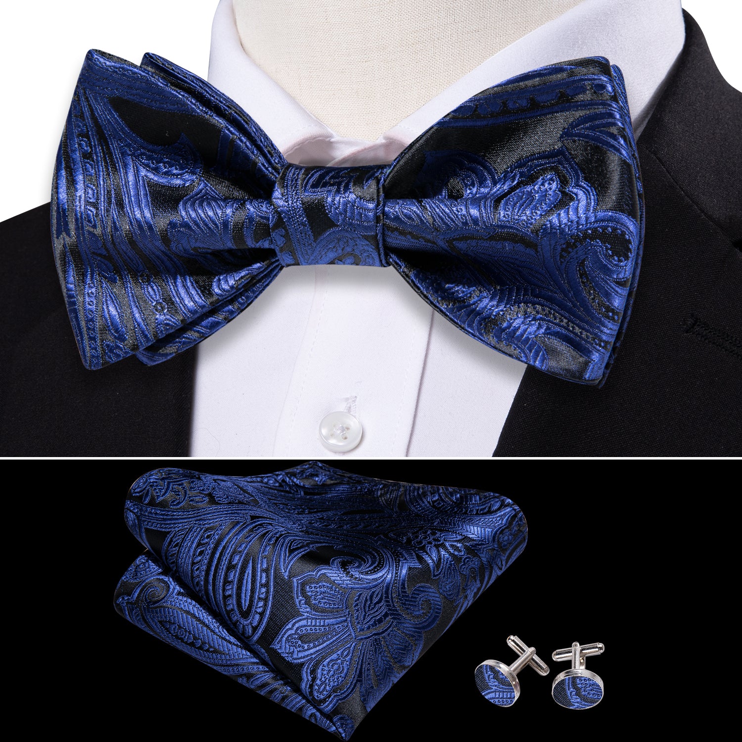 Blue Tie Black Paisley Self Tie Bow Tie