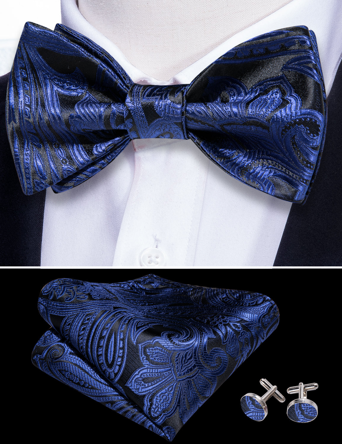 Blue Black Paisley Self Tie Bow Tie Hanky Cufflinks Set