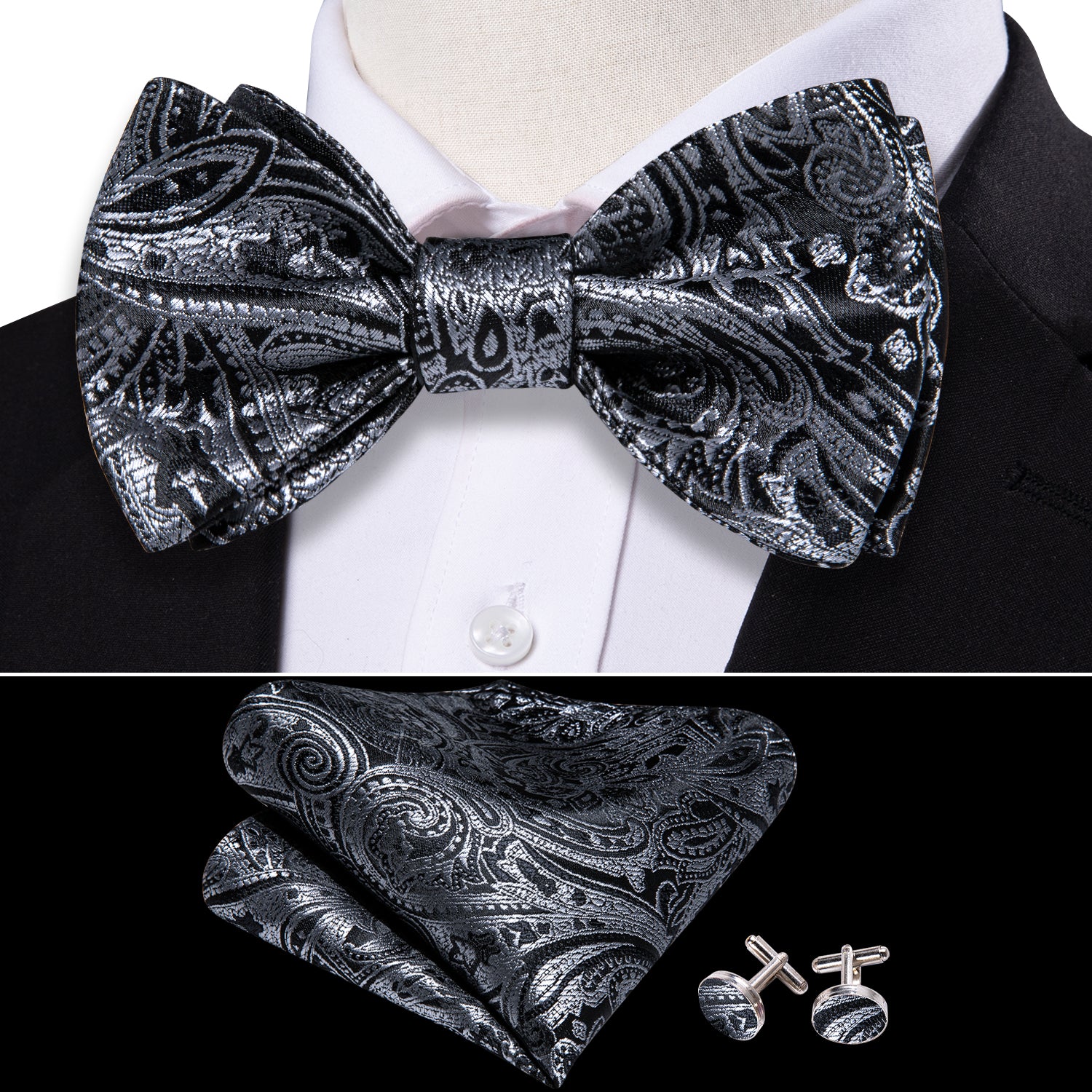 Grey Black Gold Paisley Self Tie Bow Tie Hanky Cufflinks Set
