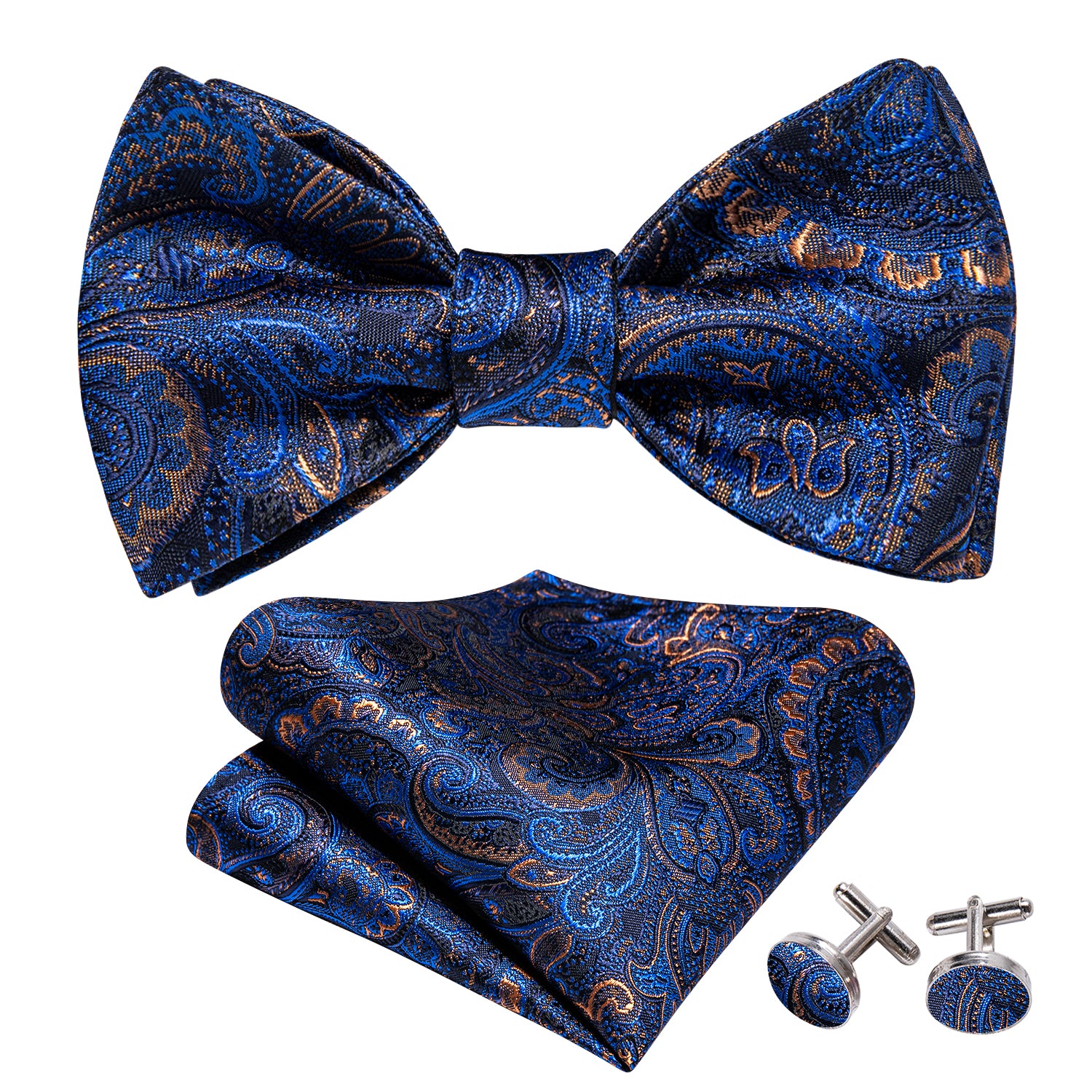 Blue Gold Paisley Self Tie Bow Tie Hanky Cufflinks Set
