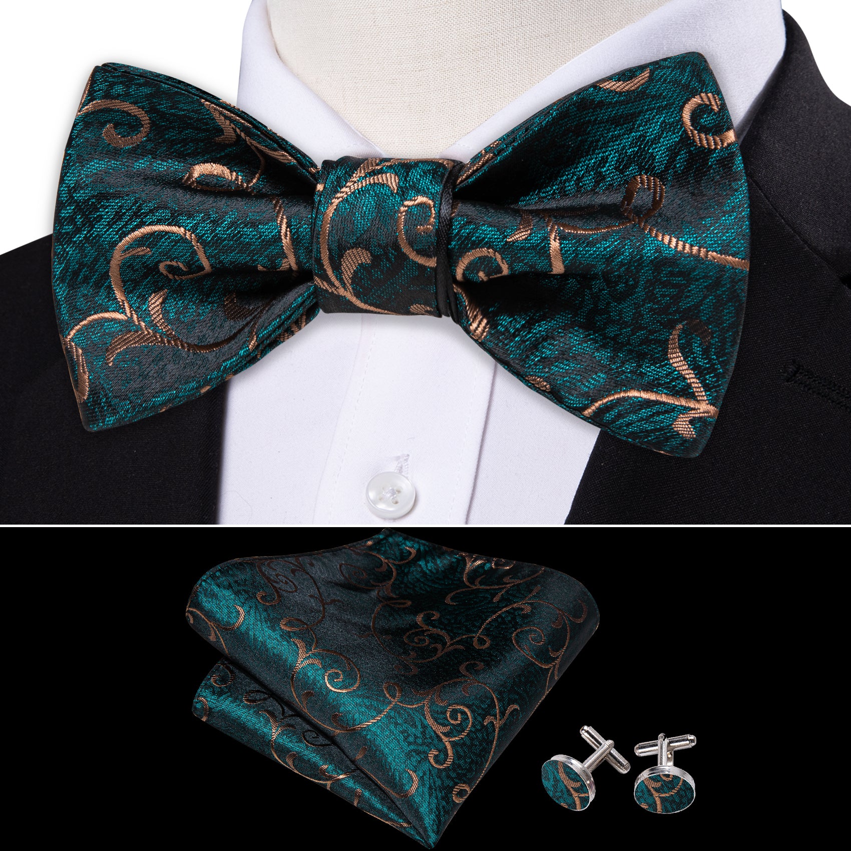 Green Gold Floral Silk Self Tie Bow Tie Hanky Cufflinks Set