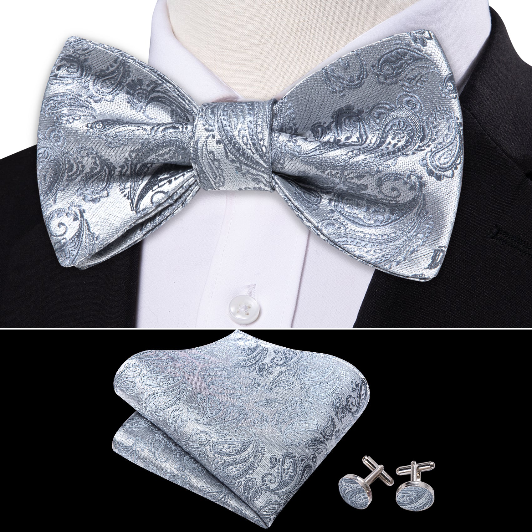 Silver Paisley Men's Bow Tie Set